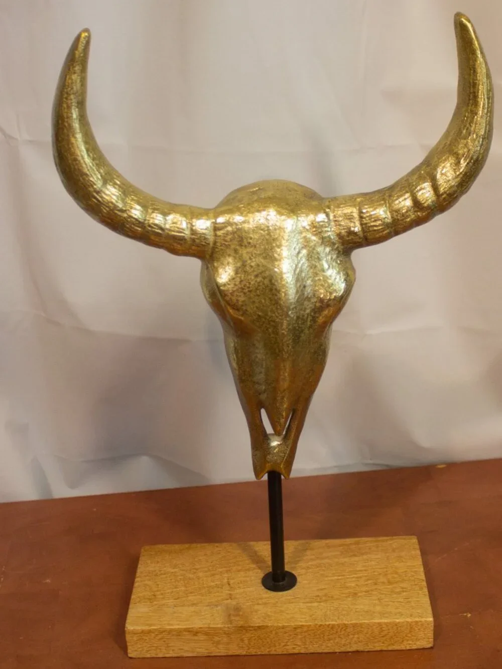 Gold Bull Skull Sculpture on Wood Base – Western Boho Décor – 14” Tabletop Metal